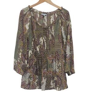 Floral & Ivy Size L 3/4 Sleeve Blouse Open Neck Line Paisley Peasant Boho